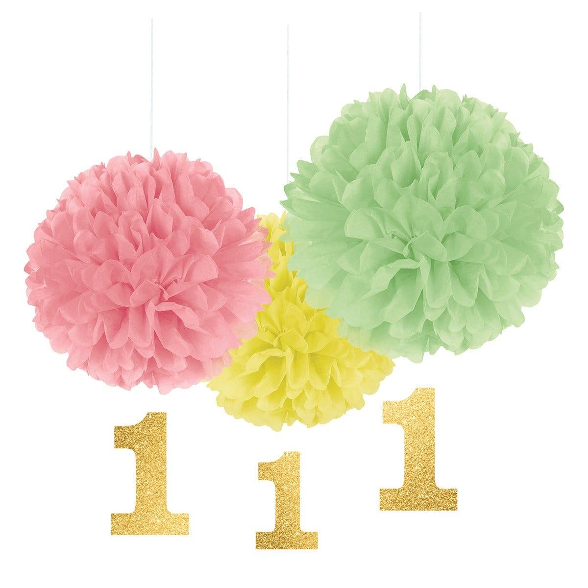 Buy 1st Birthday Pink, Green & Yellow Fluffy Decorations with Glitter 1, 3 Counts sold at Party Expert