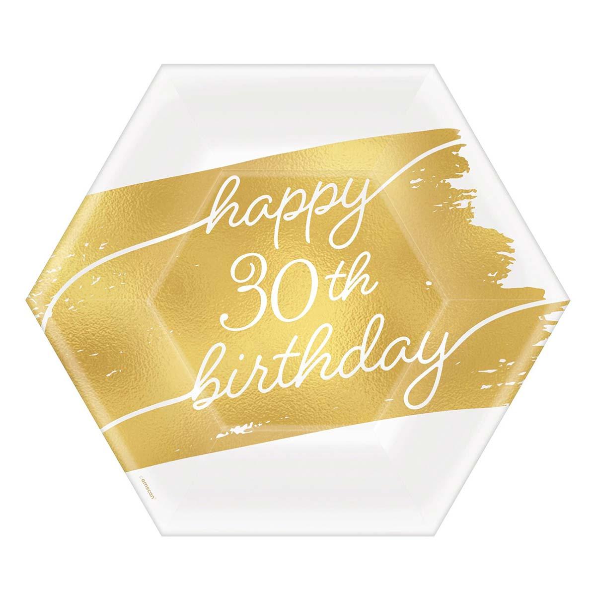 AMSCAN CA Age Specific Birthday Golden Age Birthday, Happy 30th Birthday Hexagon Paper Dessert Plates, 7 in, 8 Count