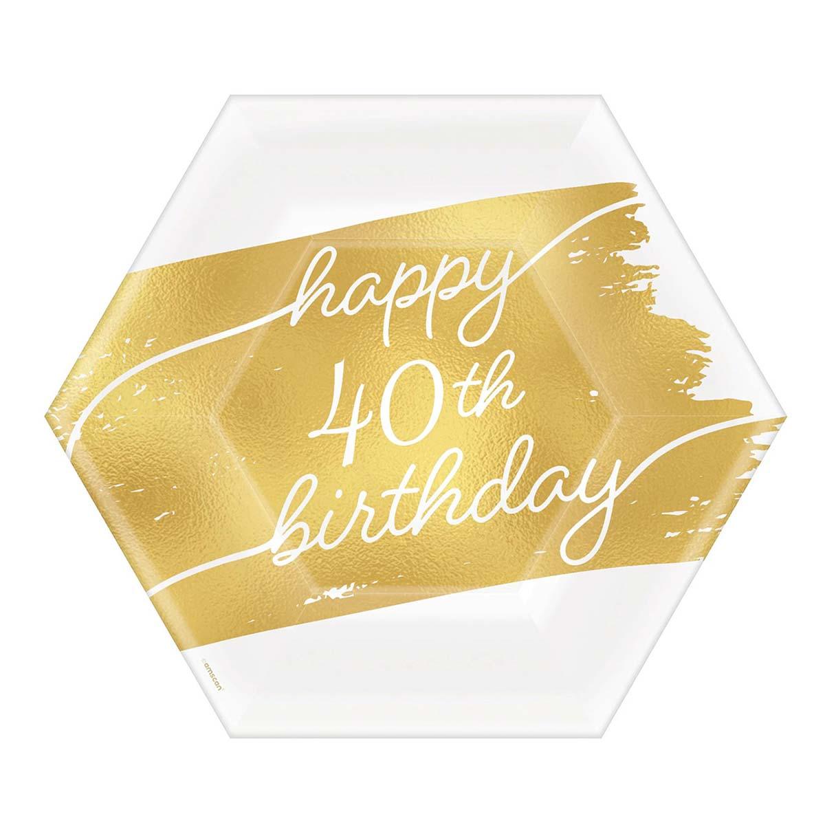 AMSCAN CA Age Specific Birthday Golden Age Birthday, Happy 40th Birthday Hexagon Paper Dessert Plates, 7 in, 8 Count