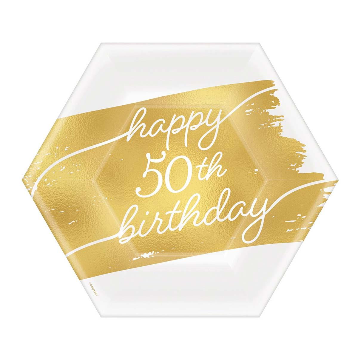 AMSCAN CA Age Specific Birthday Golden Age Birthday, Happy 50th Birthday Hexagon Paper Dessert Plates, 7 in, 8 Count