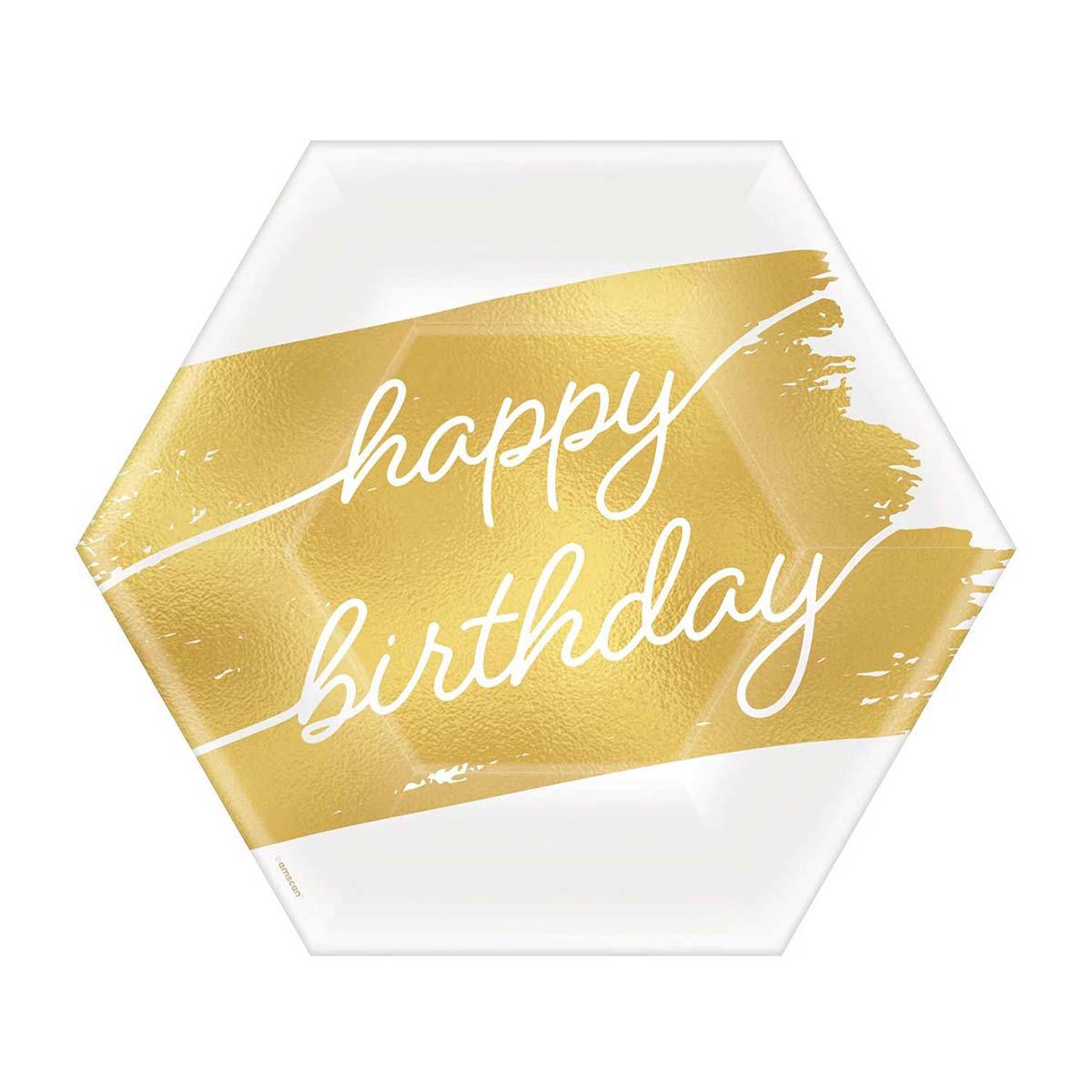 AMSCAN CA Age Specific Birthday Golden Age Birthday, Happy Birthday Hexagon Paper Dessert Plates, 7 in, 8 Count