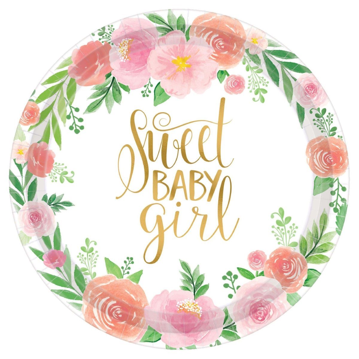 AMSCAN CA Baby Shower Floral Baby Birthday Large Round Lunch Paper Plates, 10.5 Inches, 8 Count