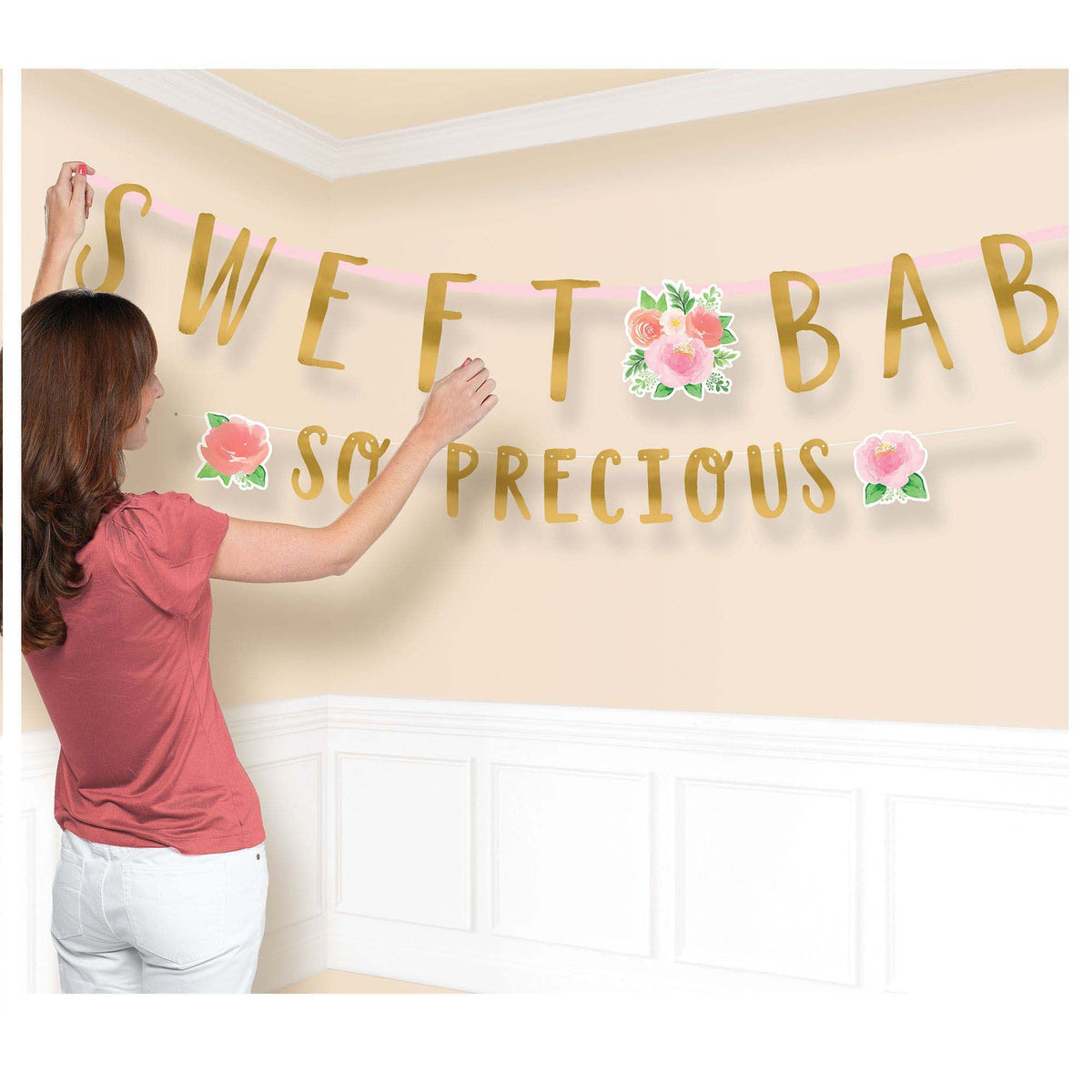 AMSCAN CA Baby Shower Floral Baby Jumbo Sweet Baby Girl Letter Paper Banner, 125 x 10 Inches, 2 Count
