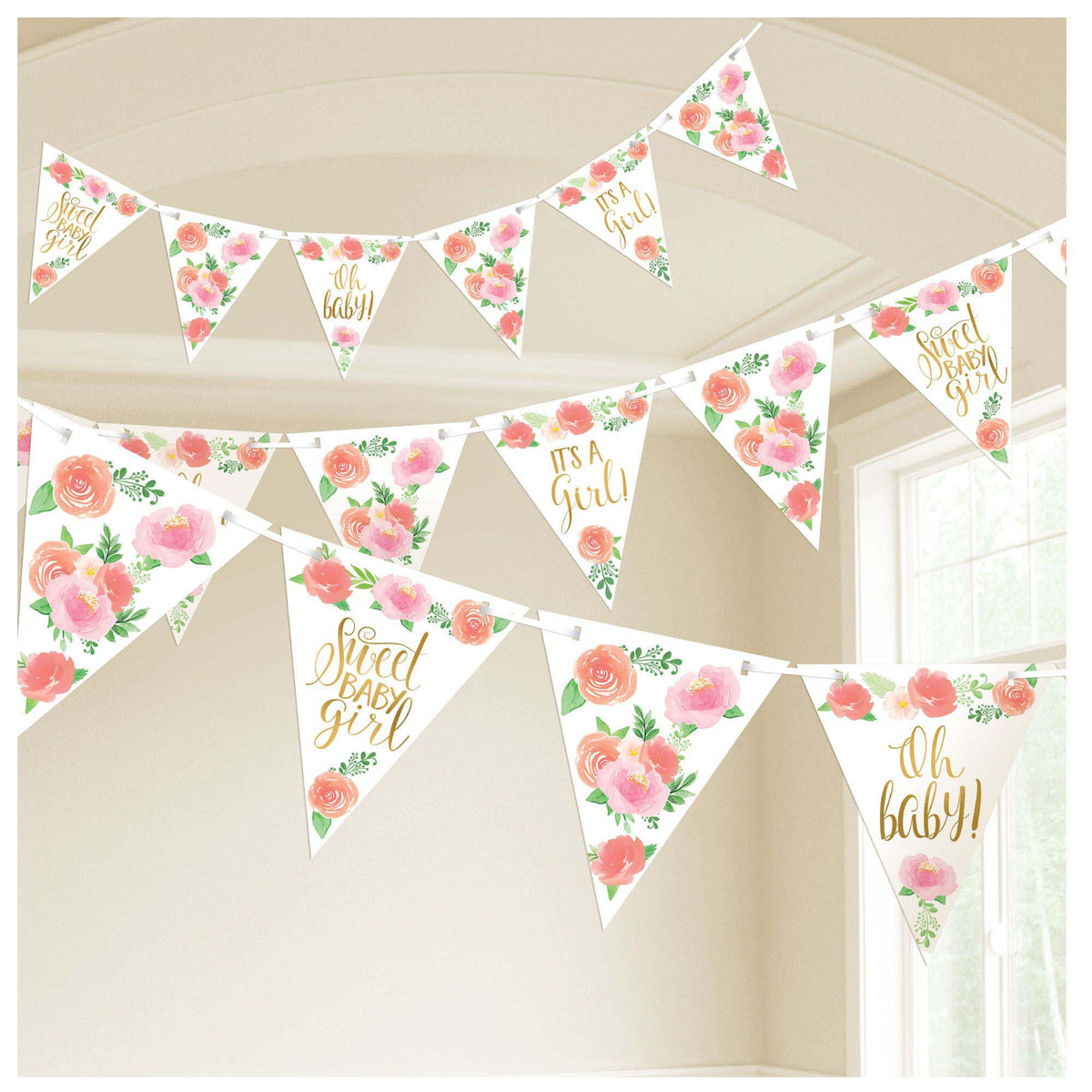 AMSCAN CA Baby Shower Floral Baby Paper Pennant Banner, 180 x 7 Inches, 1 Count