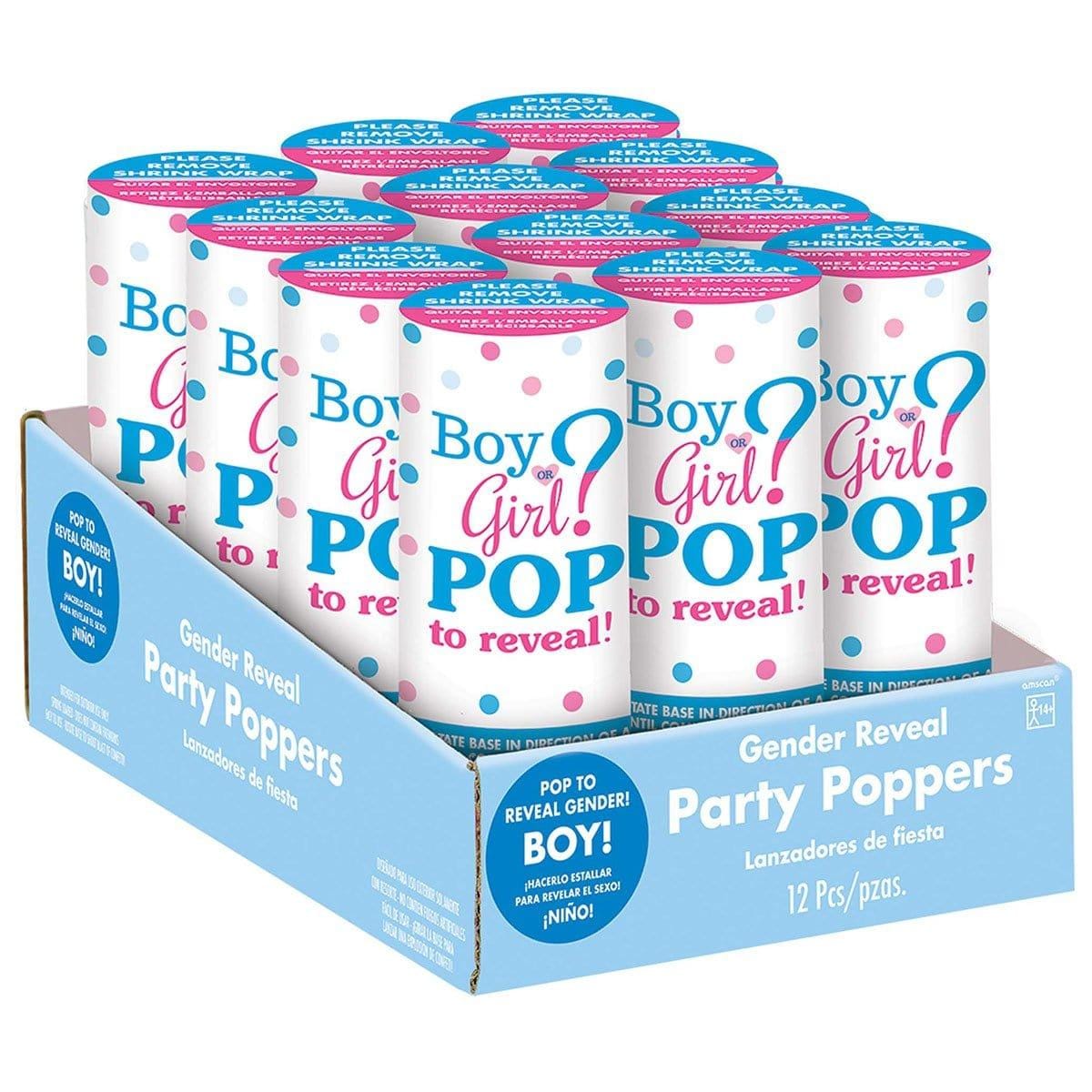Buy Baby Shower Gender Reveal blue confetti poppers, 12 per package sold at Party Expert