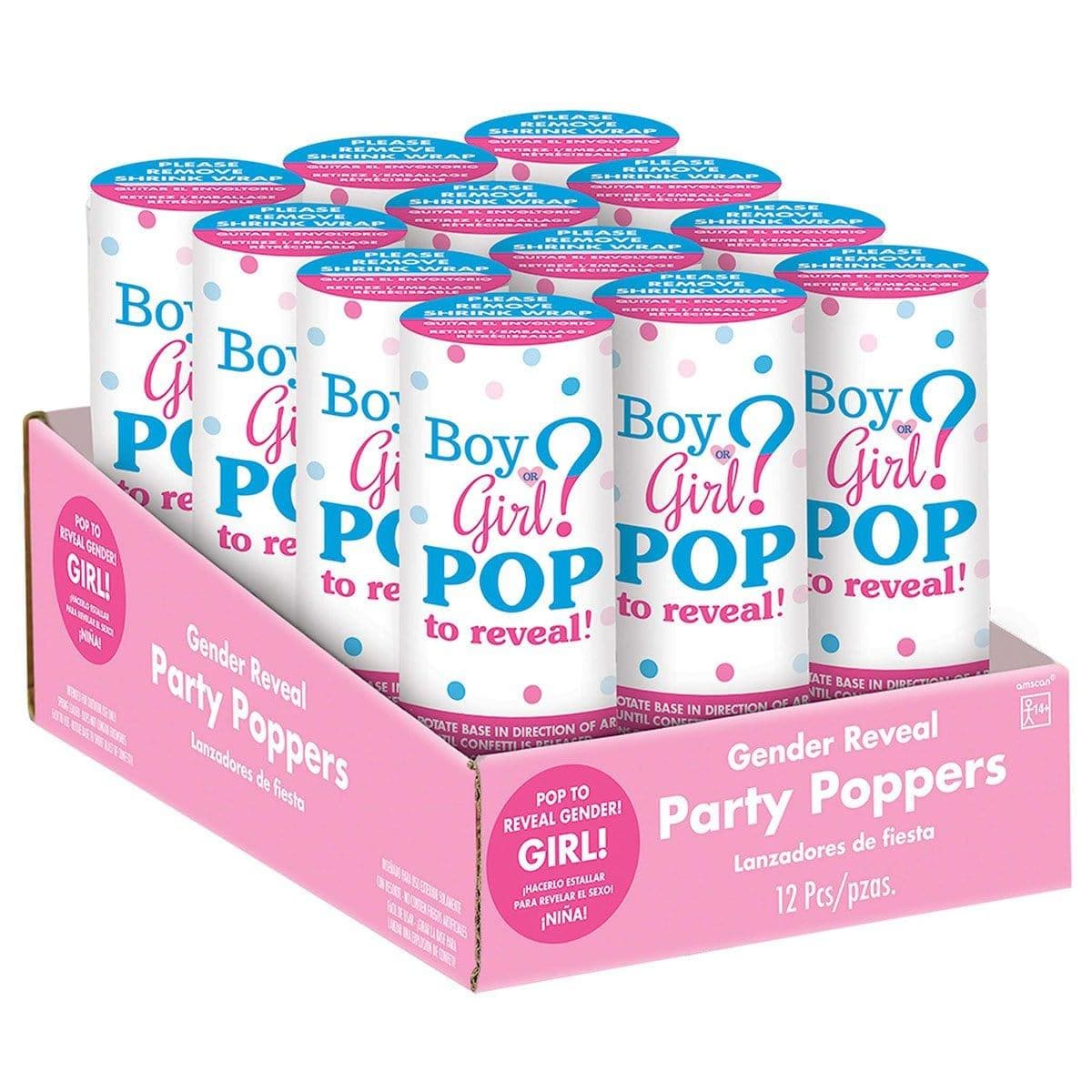 Buy Baby Shower Gender reveal pink confetti poppers, 12 per package sold at Party Expert