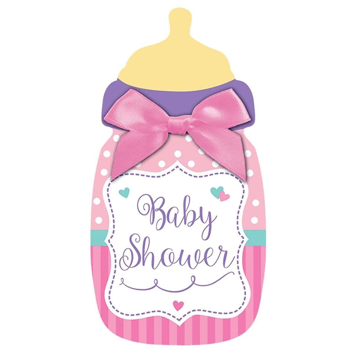 Buy Baby Shower Large pink baby bottle invitations, 8 per package sold at Party Expert