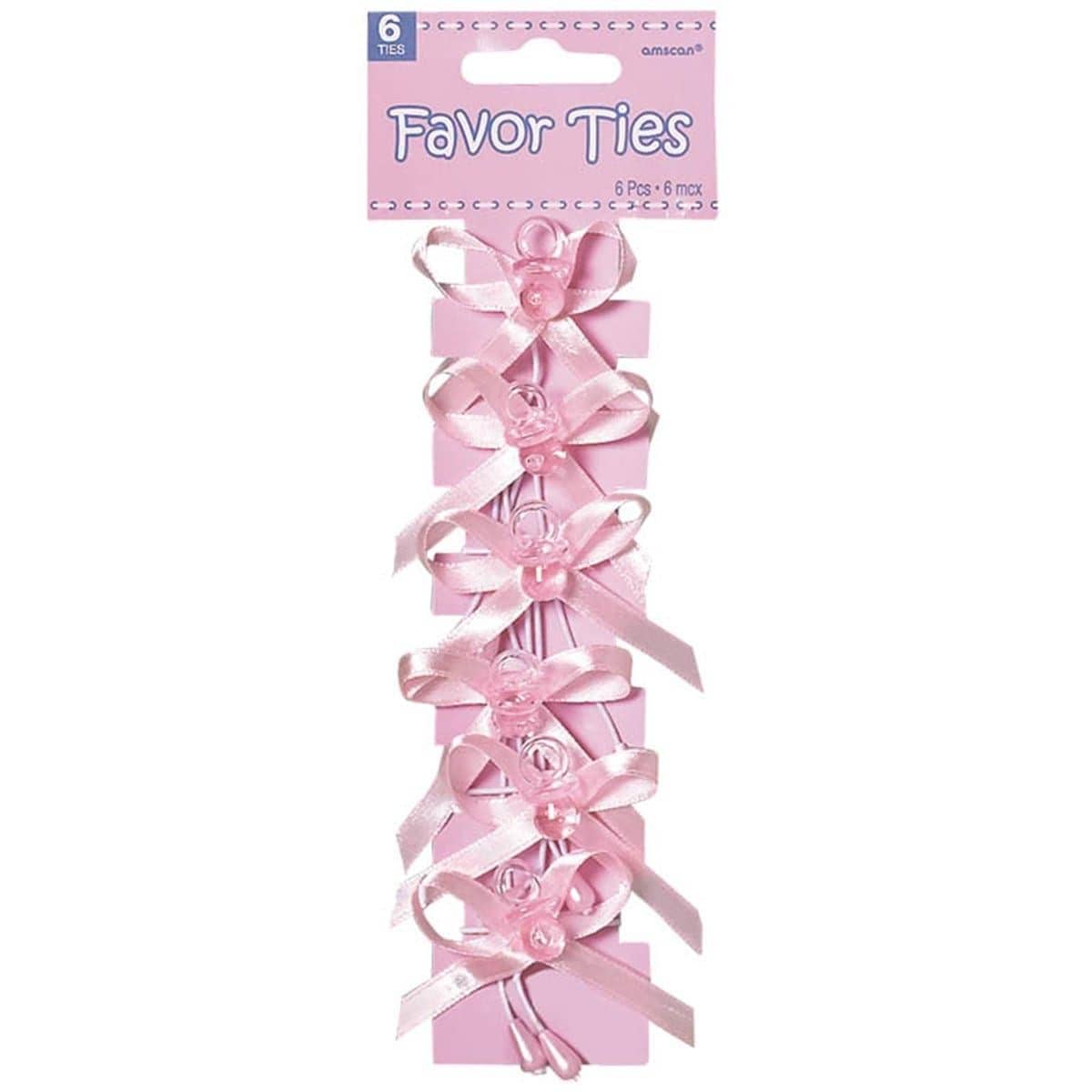 Buy Baby Shower Pink pacifier with ribbon ties, 6 per package sold at Party Expert