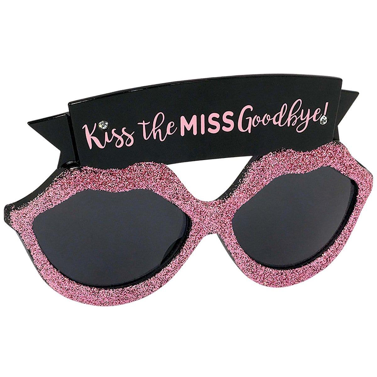 Buy Bachelorette Pink glitter Kiss the Miss Goodbye! glasses sold at Party Expert