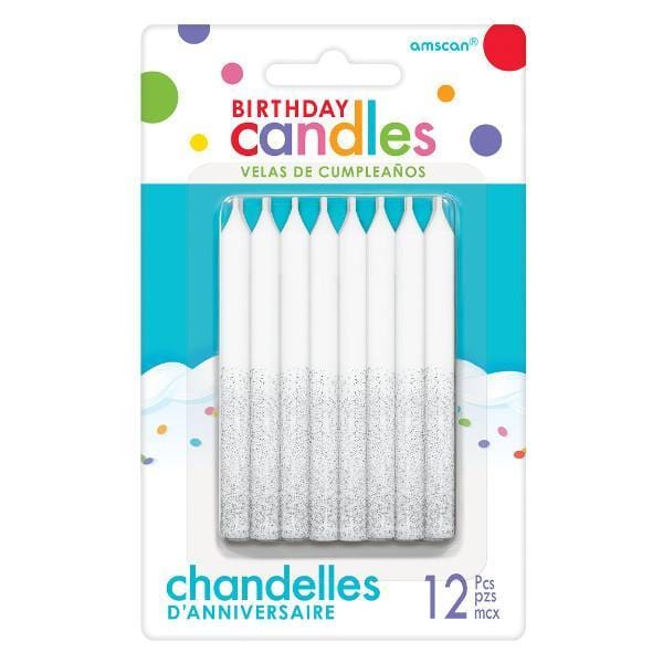 Buy Cake Supplies Birthday Candle 12/pkg - Glitter Silver/White sold at Party Expert