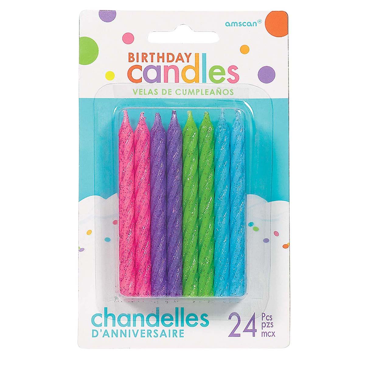 Buy Cake Supplies Large Glitt. Spiral Candles - Brights 24/pkg. sold at Party Expert