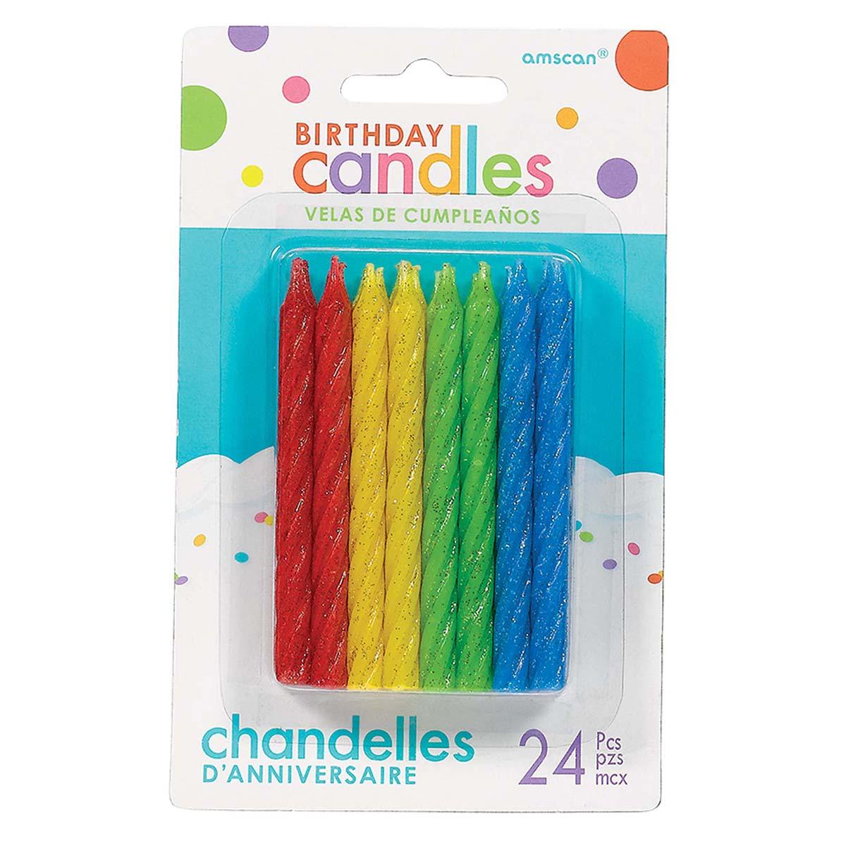 Buy Cake Supplies Large Glitt. Spiral Candles - Primary 24/pkg. sold at Party Expert