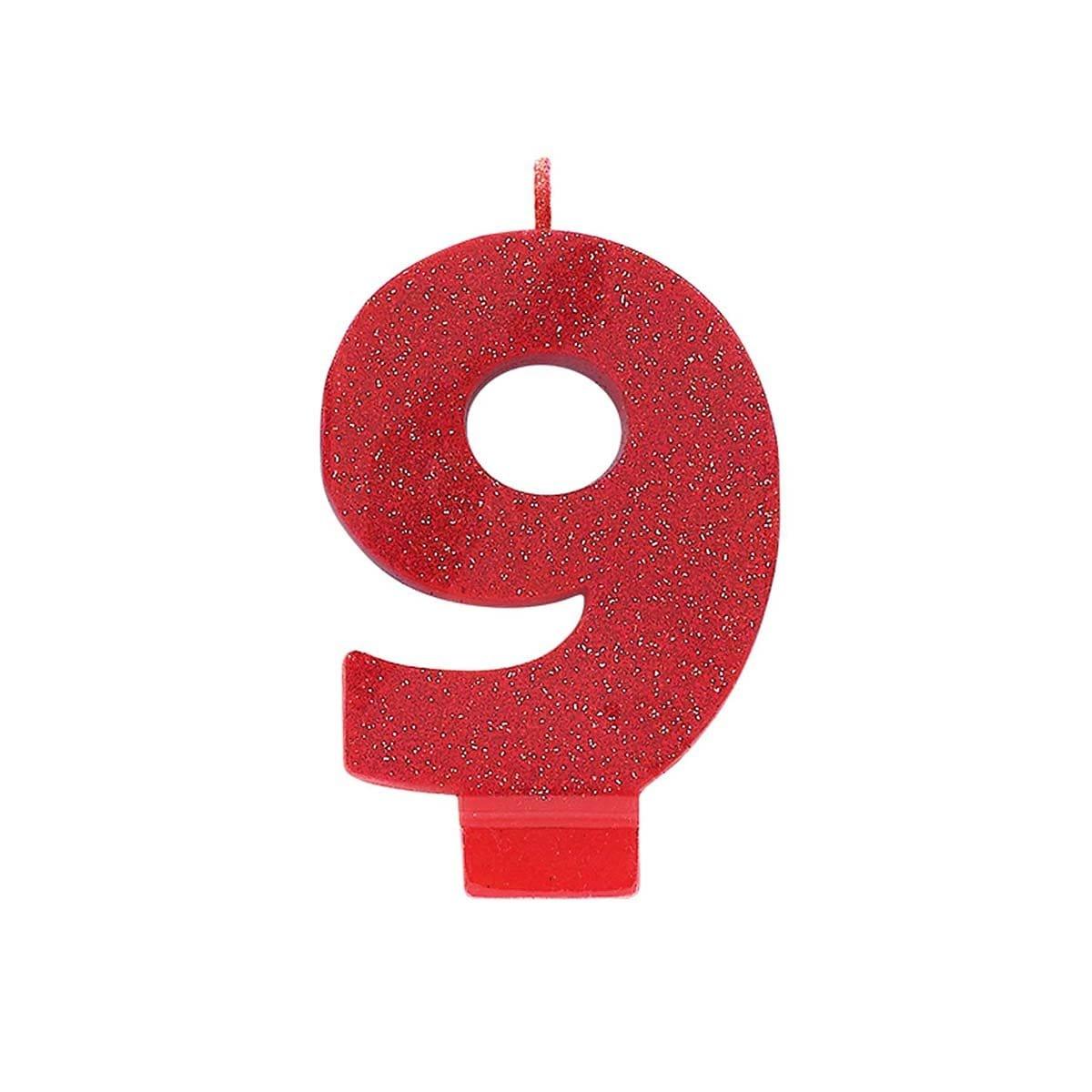 Buy Cake Supplies Numeral Glitter Candle #9 Red sold at Party Expert