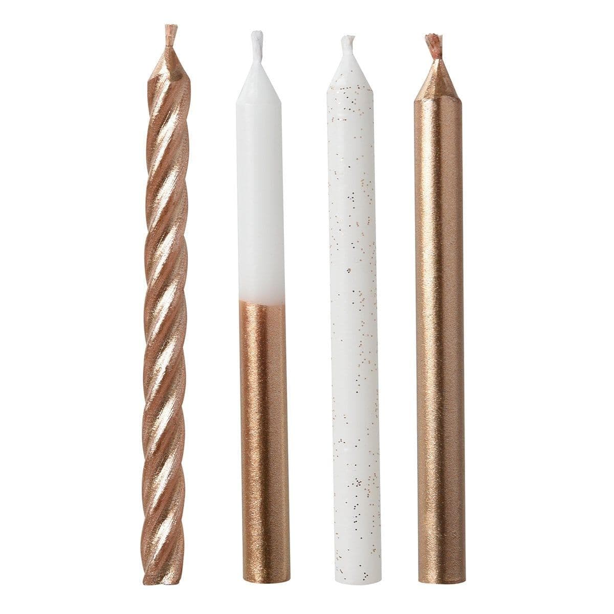 Buy Cake Supplies Rose Gold Metallic Candles with Glitter, 12 Counts sold at Party Expert