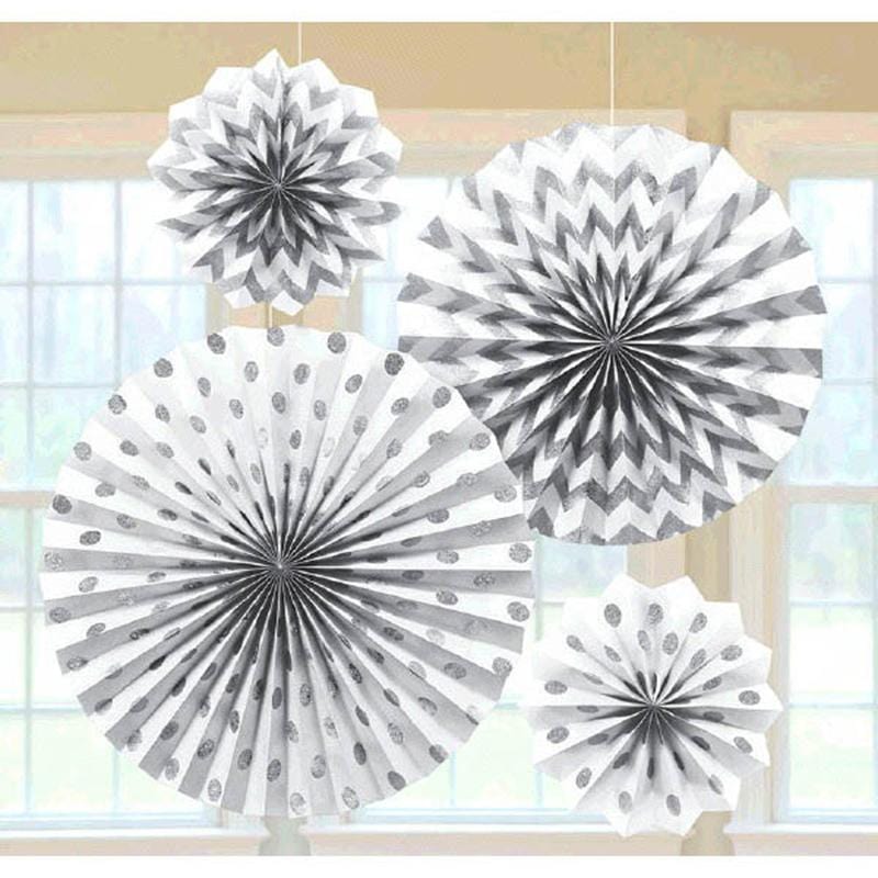 Buy Decorations Glitter Paper Fans - White 4/pkg. sold at Party Expert
