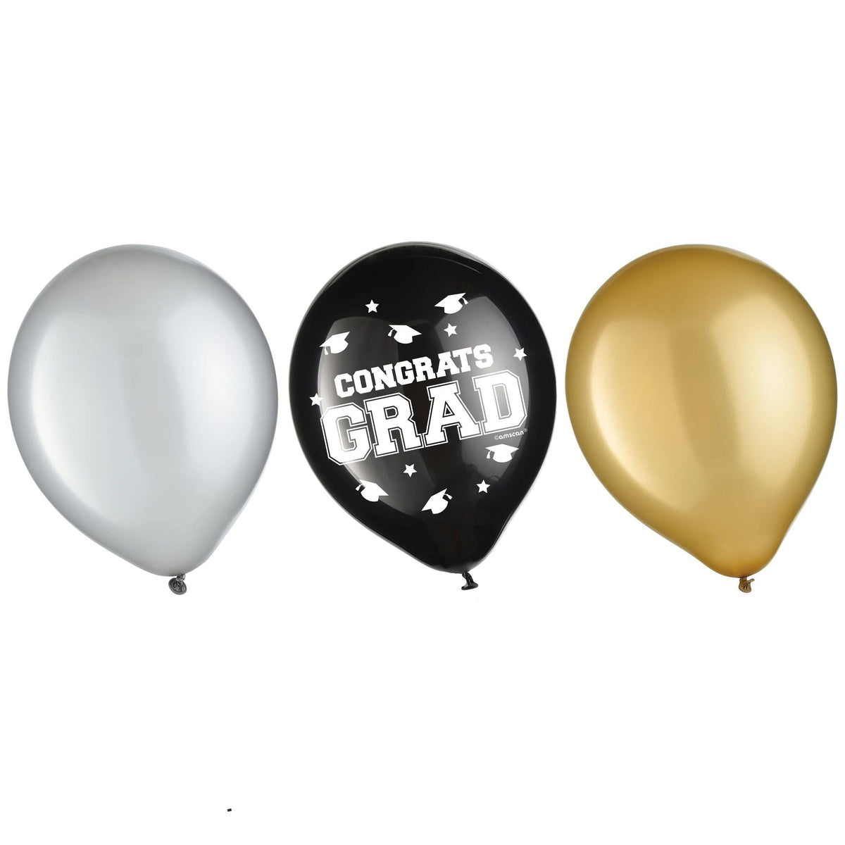 AMSCAN CA Graduation Graduation Latex Balloons, Black, Gold, Silver, 12 Inches, 72 Count