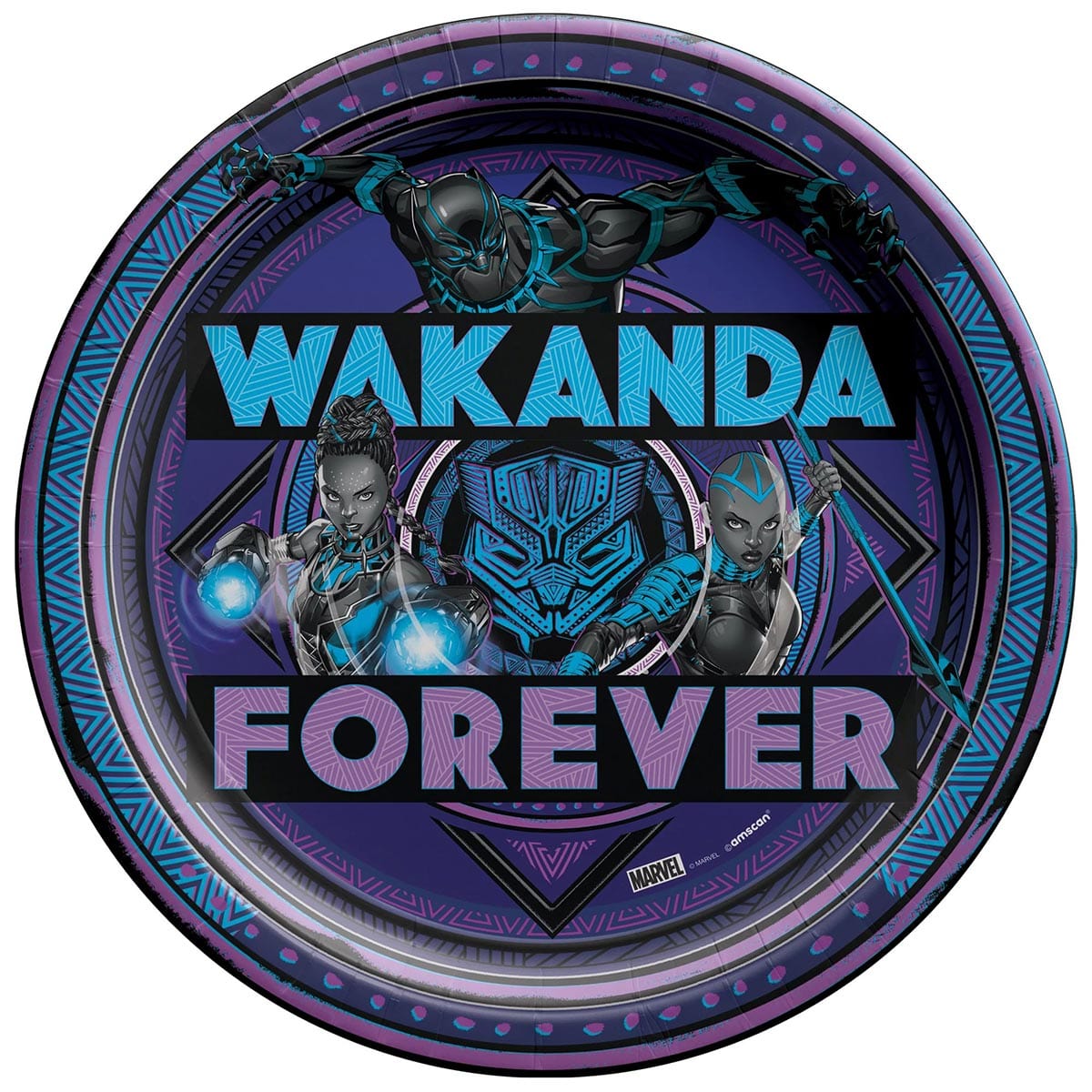 AMSCAN CA Kids Birthday Marvel Avengers Black Panther Wakanda Forever Birthday Large Round Lunch Paper Plates, 9 Inches, 8 Count