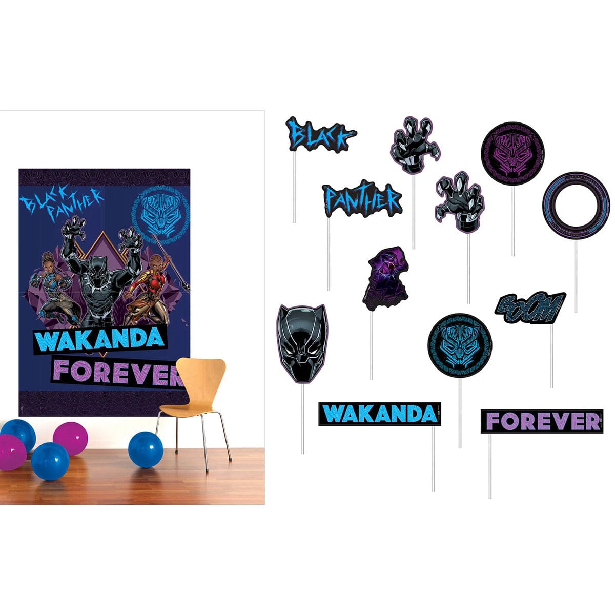 AMSCAN CA Kids Birthday Marvel Avengers Black Panther Wakanda Forever Party Scene Setter with 12 Paper Photo Props
