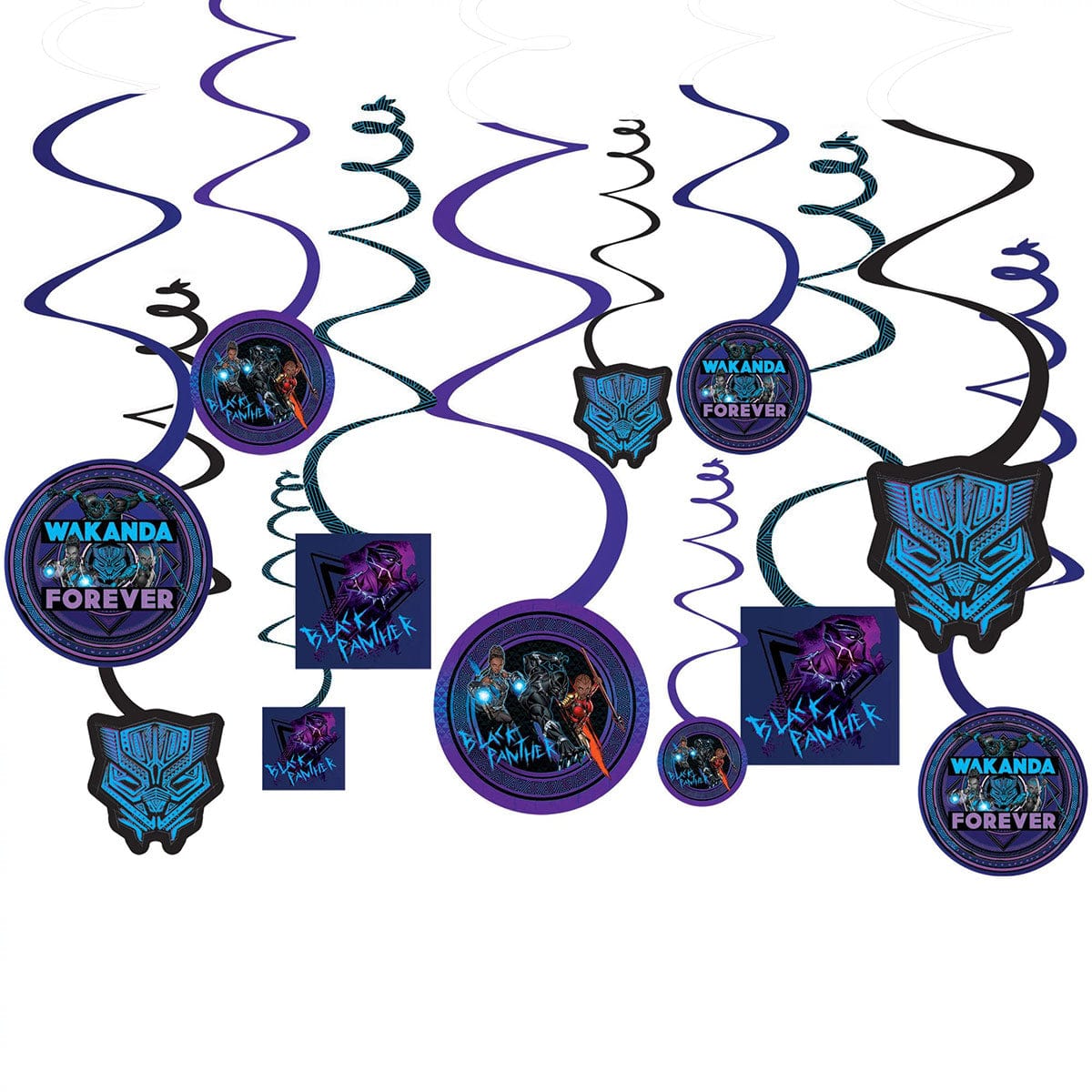 AMSCAN CA Kids Birthday Marvel Avengers Black Panther Wakanda Forever Spiral Decorations with Cutouts, 12 Count
