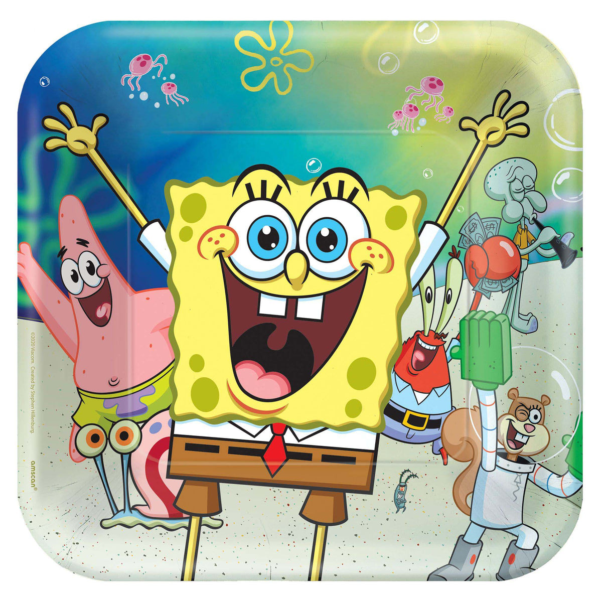 AMSCAN CA Kids Birthday SpongeBob SquarePants Birthday Large Square Lunch Paper Plates, 9 Inches, 8 Count