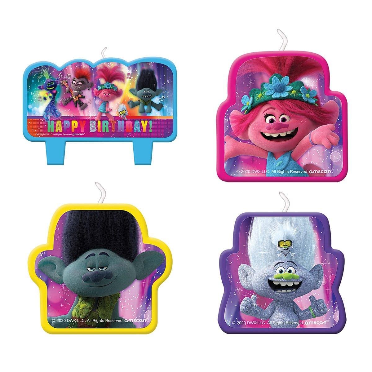 Buy Kids Birthday Trolls World Tour candles, 4 per package sold at Party Expert