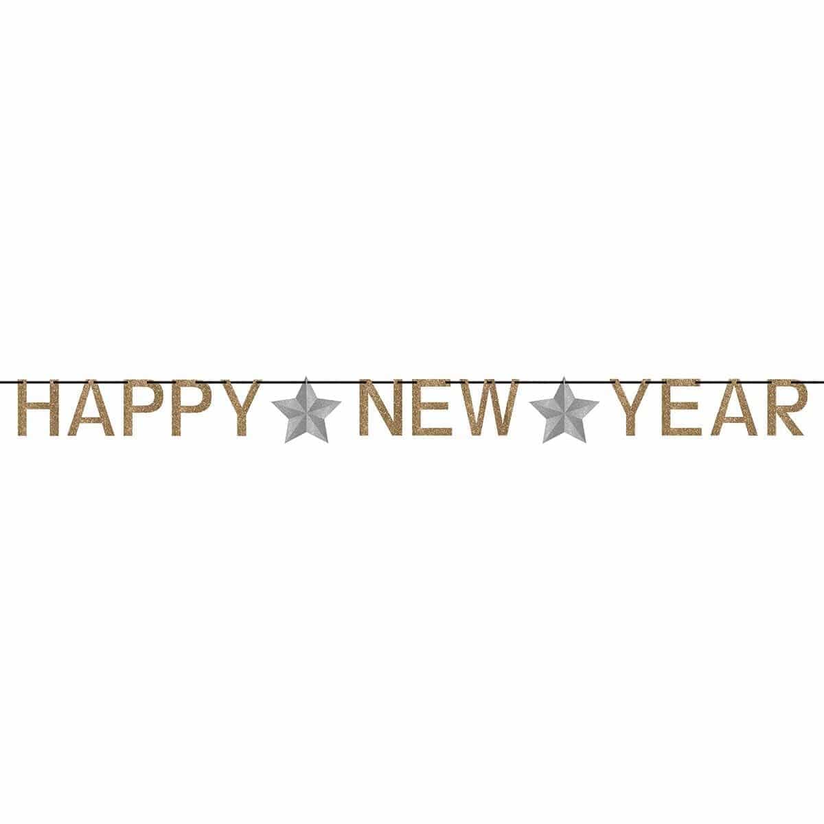 Buy New Year Happy New Year Ribbon Banner W/glitter Paper Letters - Silver & Gold 12 X 5 Po. sold at Party Expert