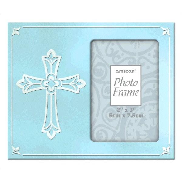 Buy Religious Metal Frame with Cross - Blue 4.5 in. sold at Party Expert