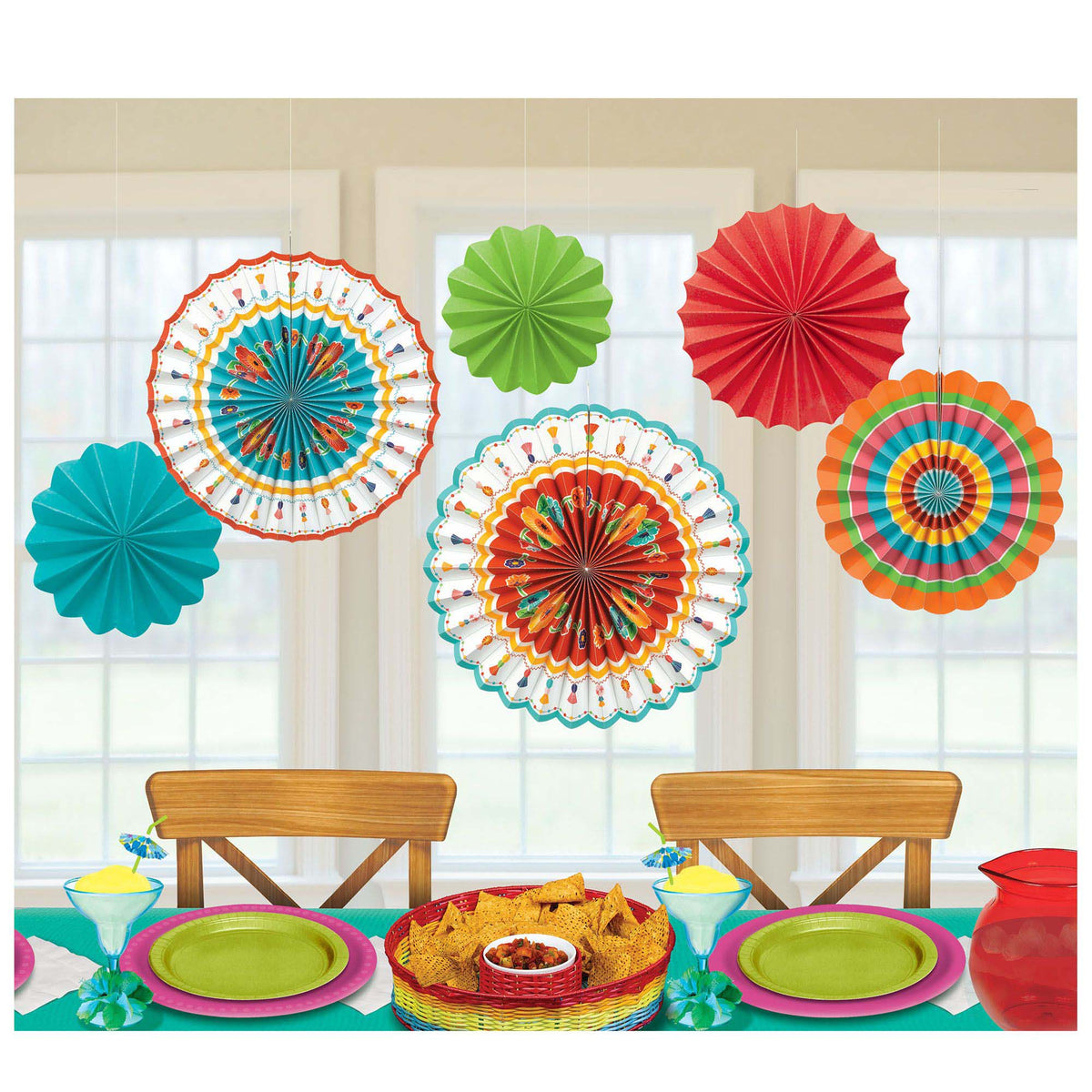 AMSCAN CA Theme Party Fiesta Paper Fan Decoration Kit, 6 Count