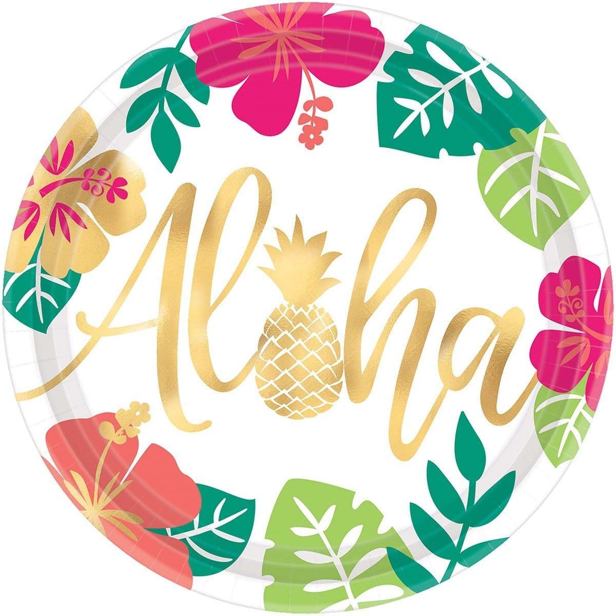 Buy Theme Party Gold Aloha Paper Plates 10 Inches, 8 per Package sold at Party Expert