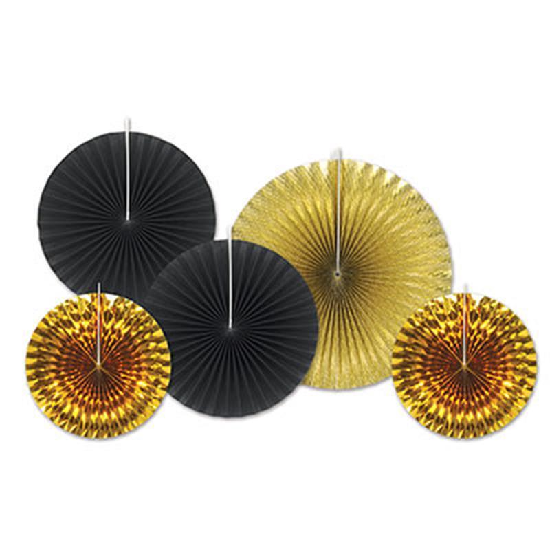 Buy Decorations Paper Fans 5/pkg - Black/gold sold at Party Expert