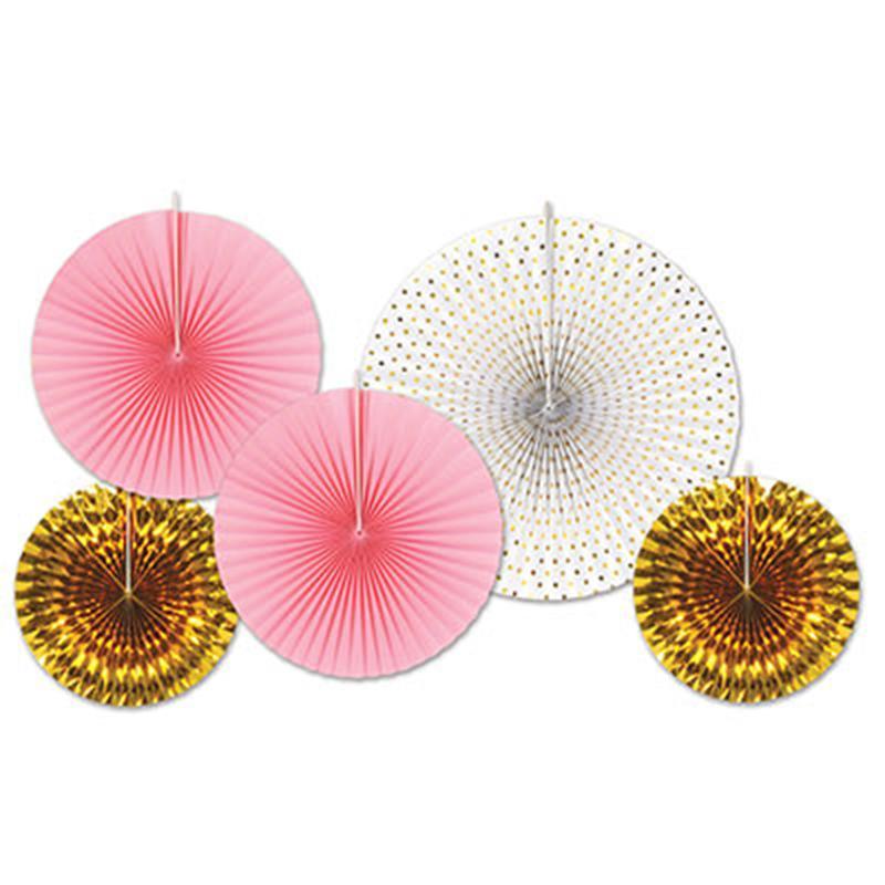 Buy Decorations Paper Fans 5/pkg - Pink/gold/white sold at Party Expert