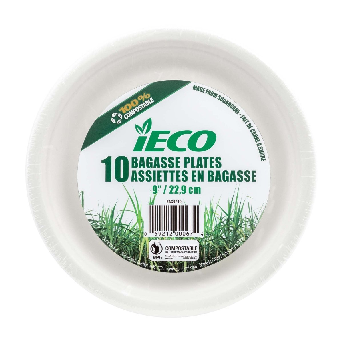 CONGLOM Disposable-Plasticware iECO Large Round Lunch Bagasse Plates, 9 Inches, 10 Count 059212000674
