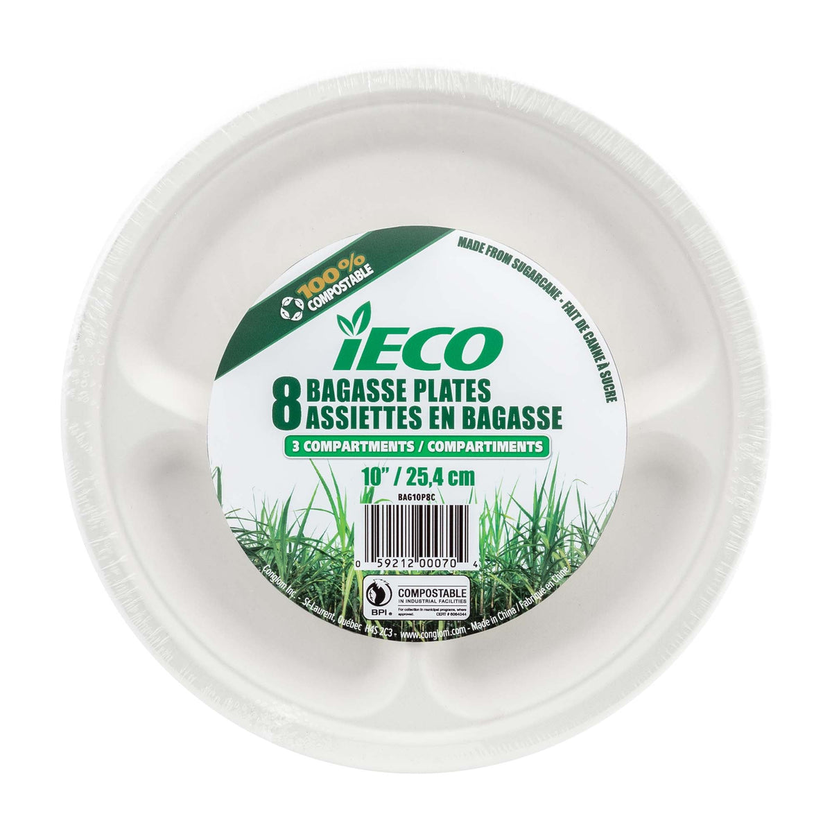 CONGLOM Disposable-Plasticware iECO Large Round Lunch Bagasse Plates with 3 Compartment, 10 Inches, 8 Count