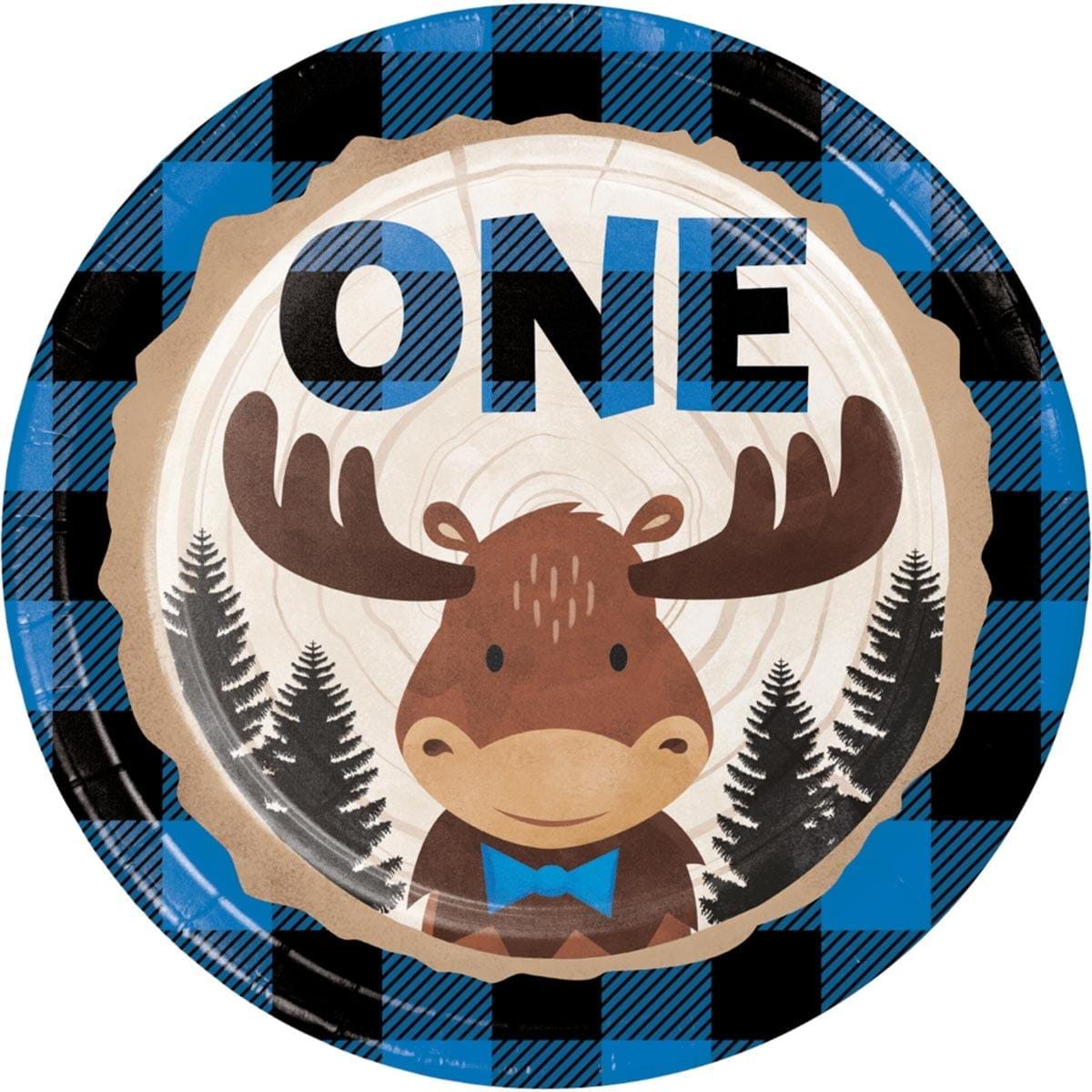 Buy 1st Birthday Moose Buffalo Plaid Plates, 7 inches, 8 Count sold at Party Expert