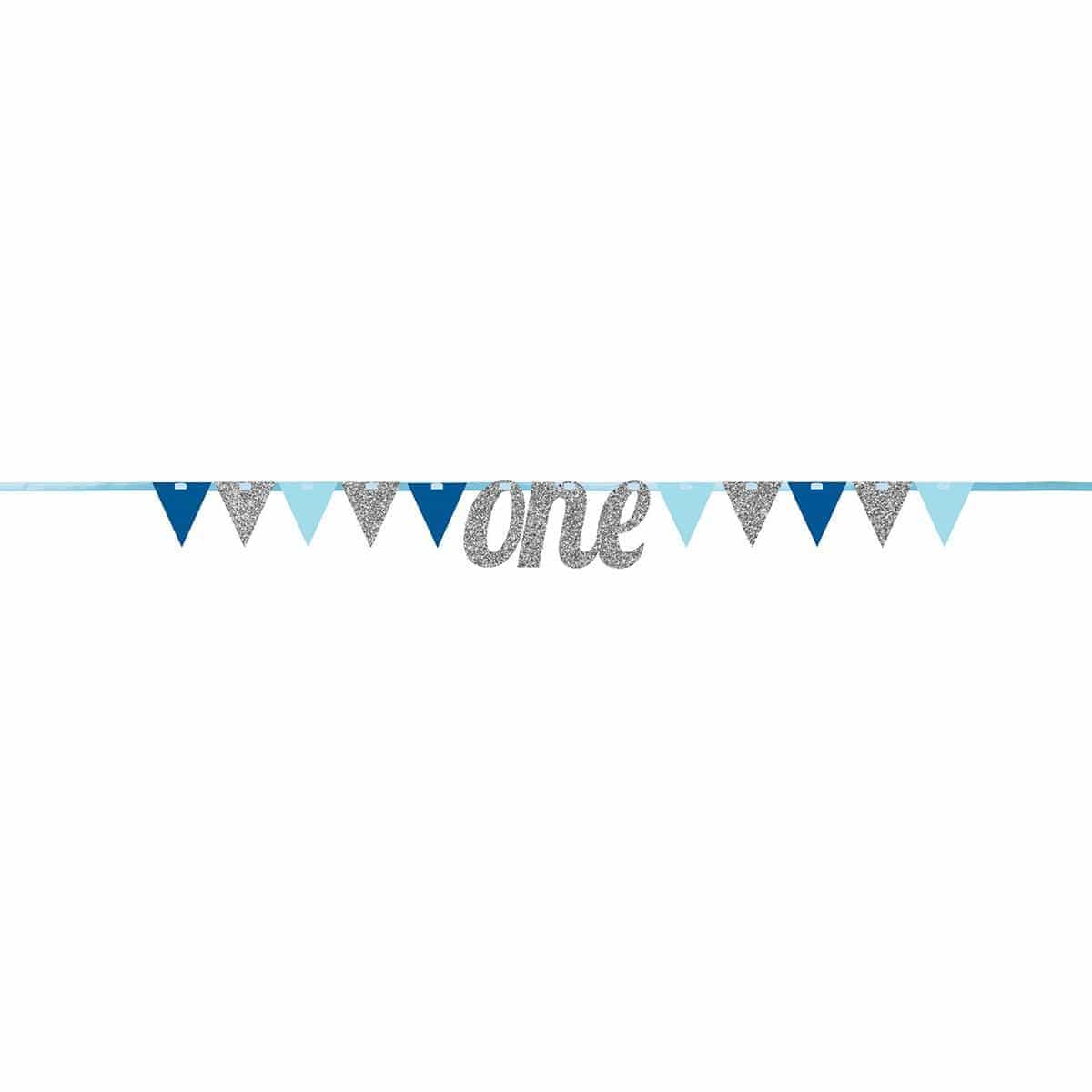 Buy 1st Birthday Pennant Banner One Glitter - Blue sold at Party Expert