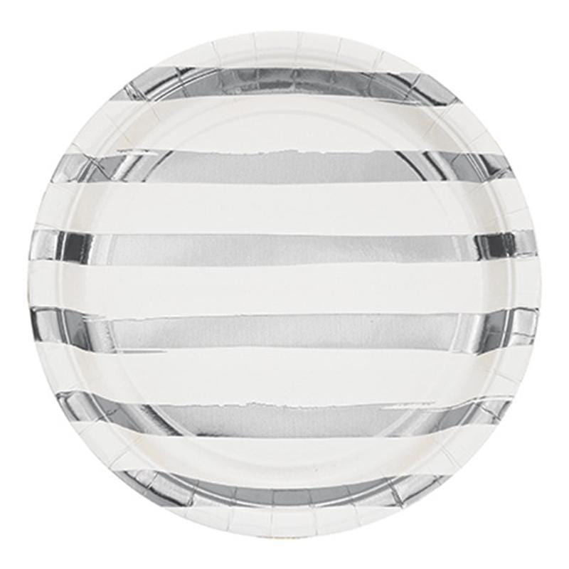 Buy Everyday Entertaining White & Silver Paper Plates 9 Inches, 8 per Package sold at Party Expert