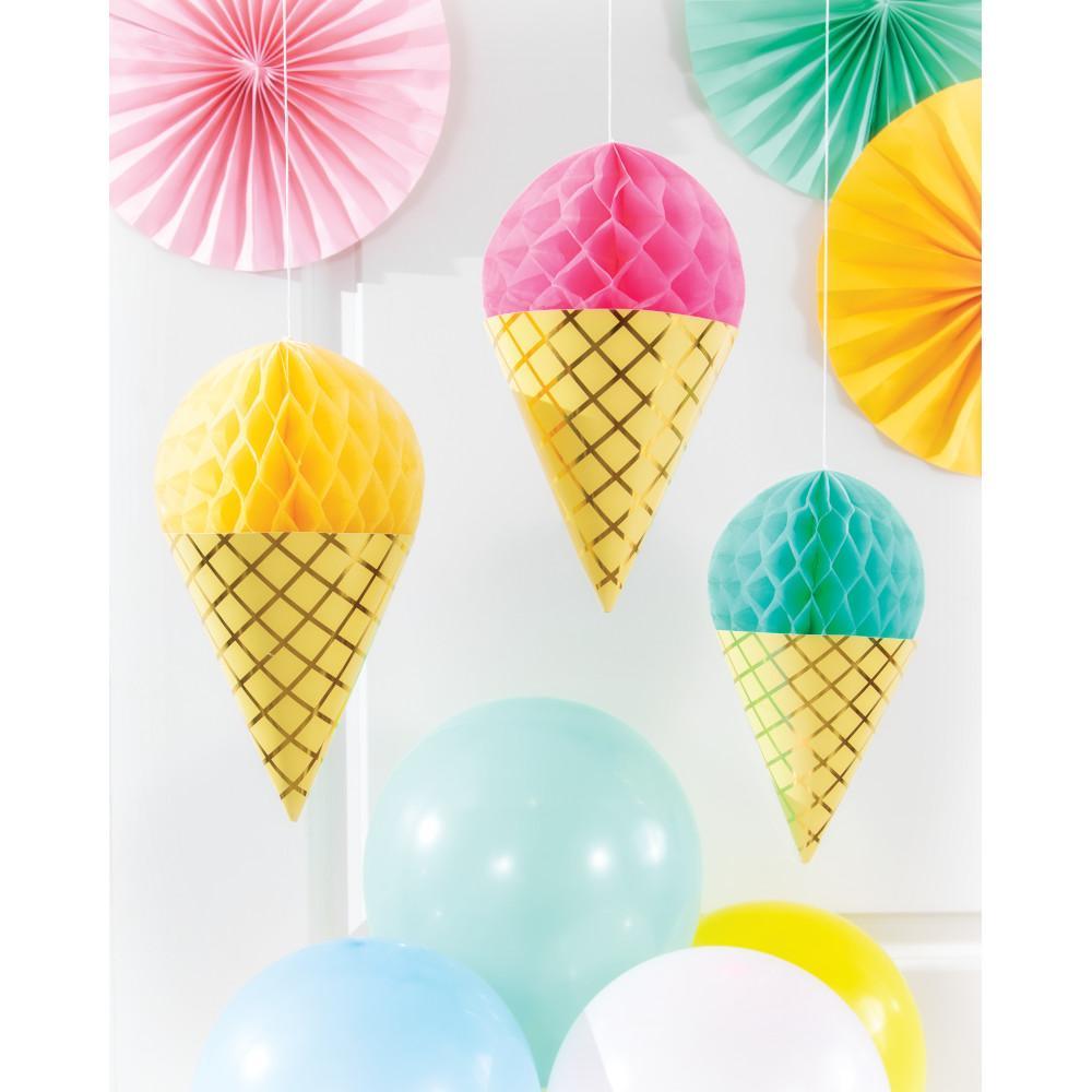 Buy Summer Ice Cream Party honeycomb decorations, 3 per package sold at Party Expert