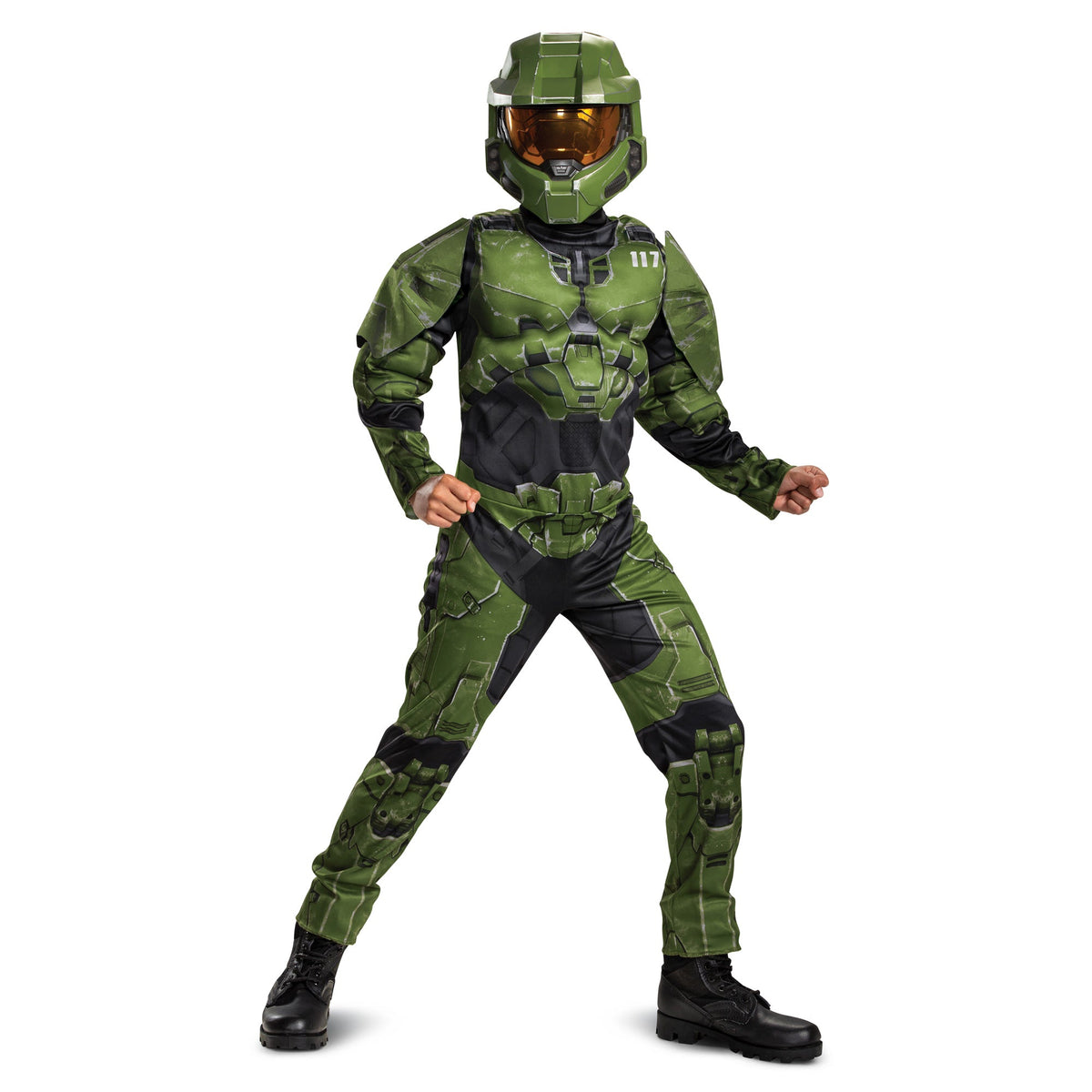DISGUISE (TOY-SPORT) Costumes Halo Infinite Master Chief Muscle Costume for Kids, Green and Black Jumpsuit