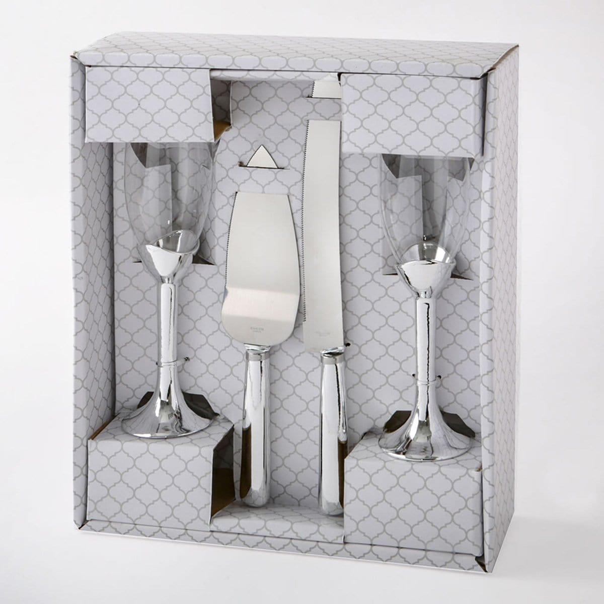 Buy Wedding Cake Set & Toasting Flutes - Silver sold at Party Expert