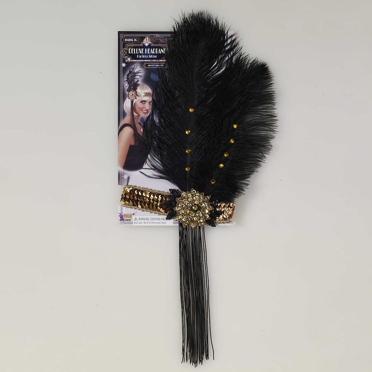 Buy Costume Accessories Gold flapper headband with black feather for adults sold at Party Expert
