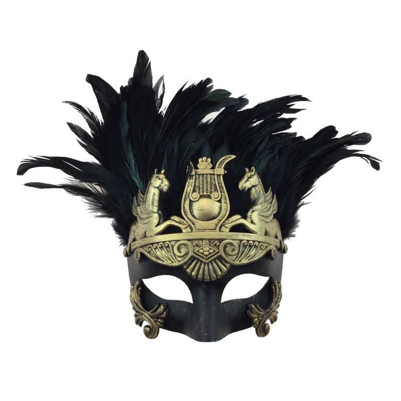 Buy Costume Accessories Black & gold gladiator masquerade mask with feathers sold at Party Expert