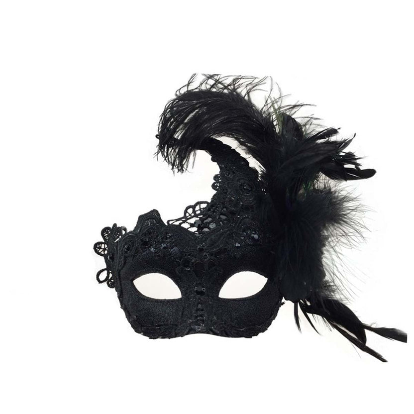 Black Venetian Mask with Feathers and Brocade Lace – Party Expert