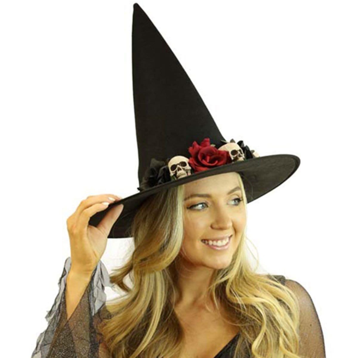Buy Costume Accessories Witch Hat with Flower & Skeleton Head sold at Party Expert