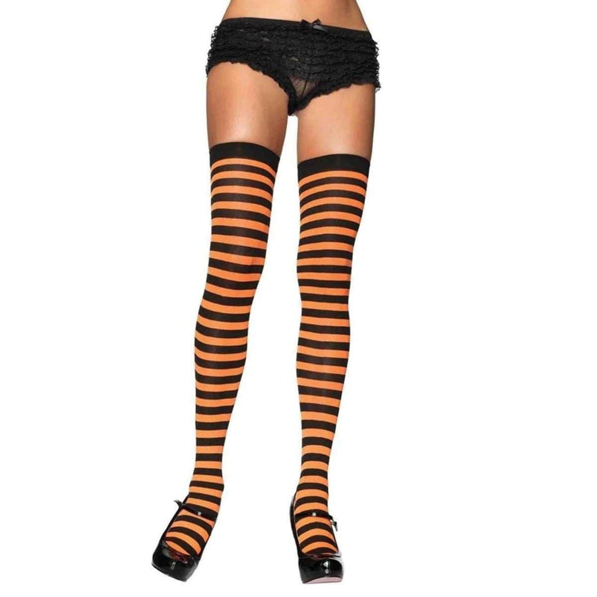 Buy Costume Accessories Black & orange striped nylon thigh high socks for women sold at Party Expert