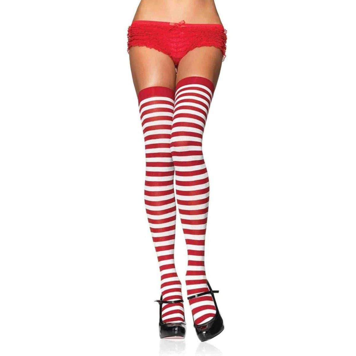 Buy Costume Accessories White & red striped nylon thigh high socks for women sold at Party Expert