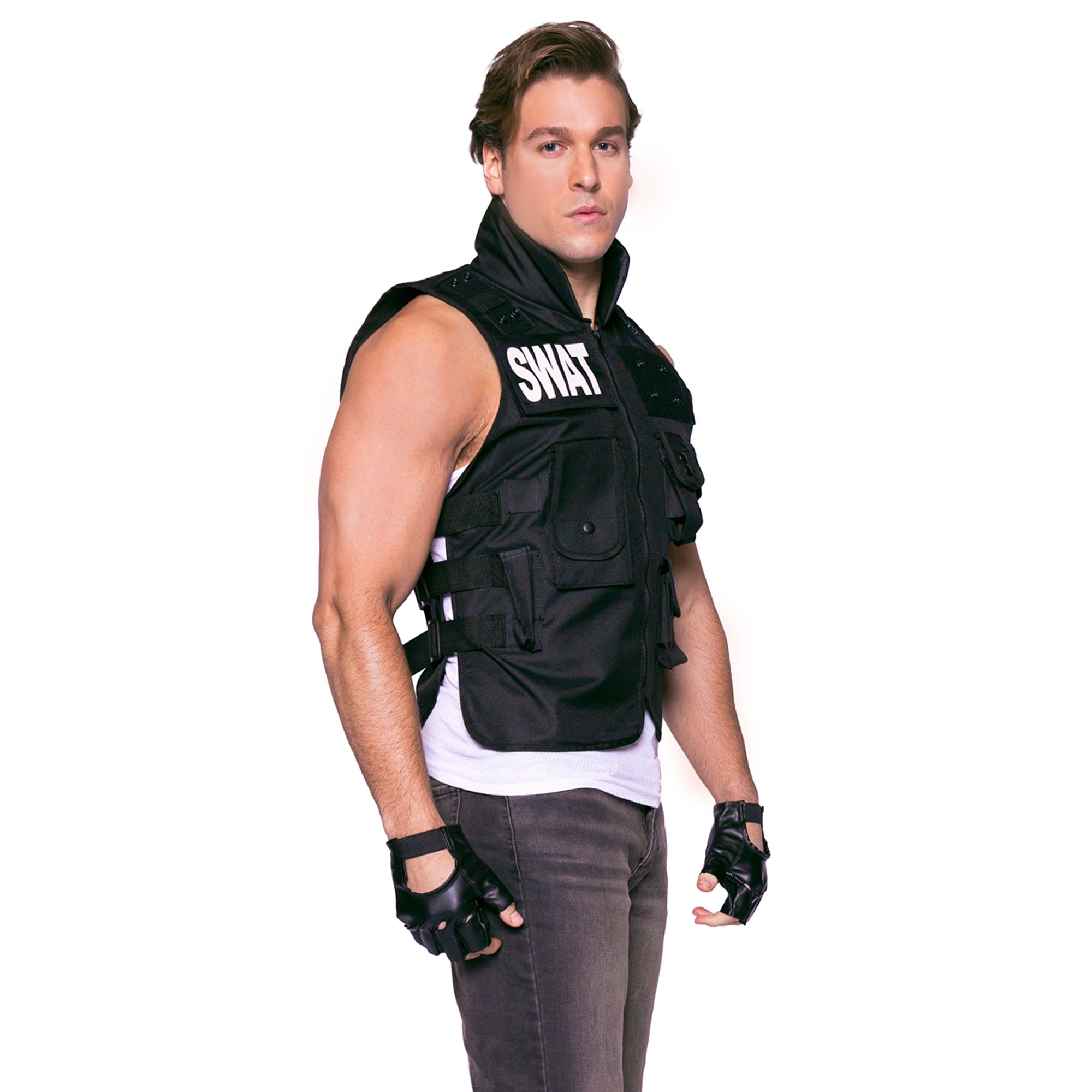 SWAT Costume for Adults, Black Vest with Gloves | Party Expert