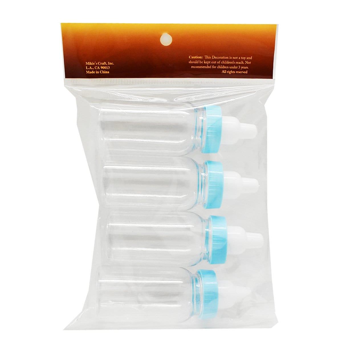 Buy Baby Shower Blue plastic baby bottles 4 inches, 4 per package sold at Party Expert