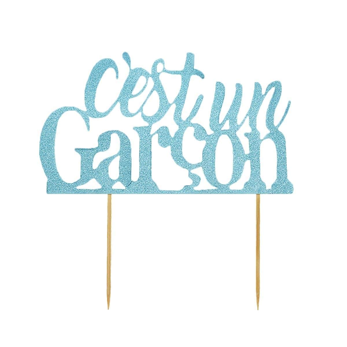 Buy Baby Shower C'est un garçon blue glitter cake topper sold at Party Expert