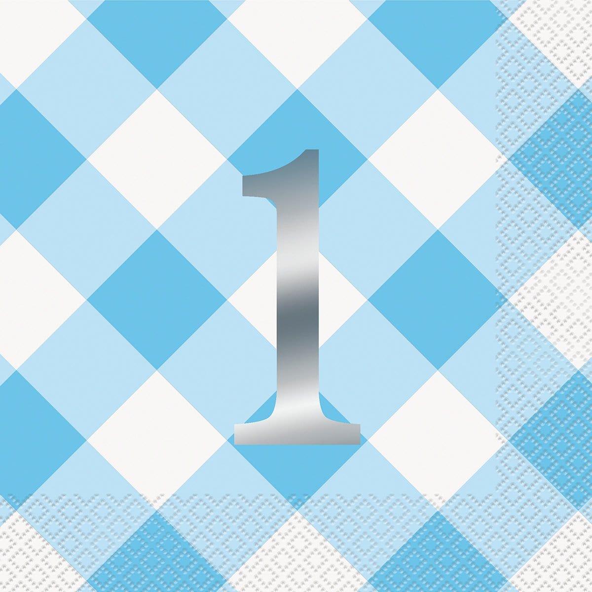 Buy 1st Birthday Blue Gingham Lunch Napkins, 16 Counts sold at Party Expert