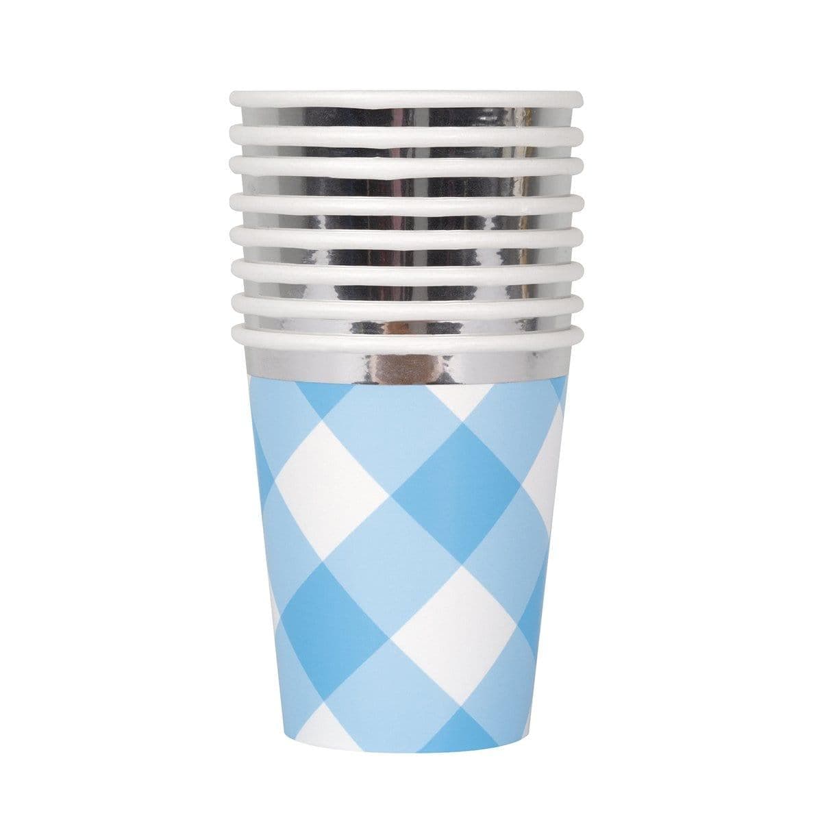 Buy 1st Birthday Blue Gingham Paper Cups 9 Ounces, 8 Counts sold at Party Expert